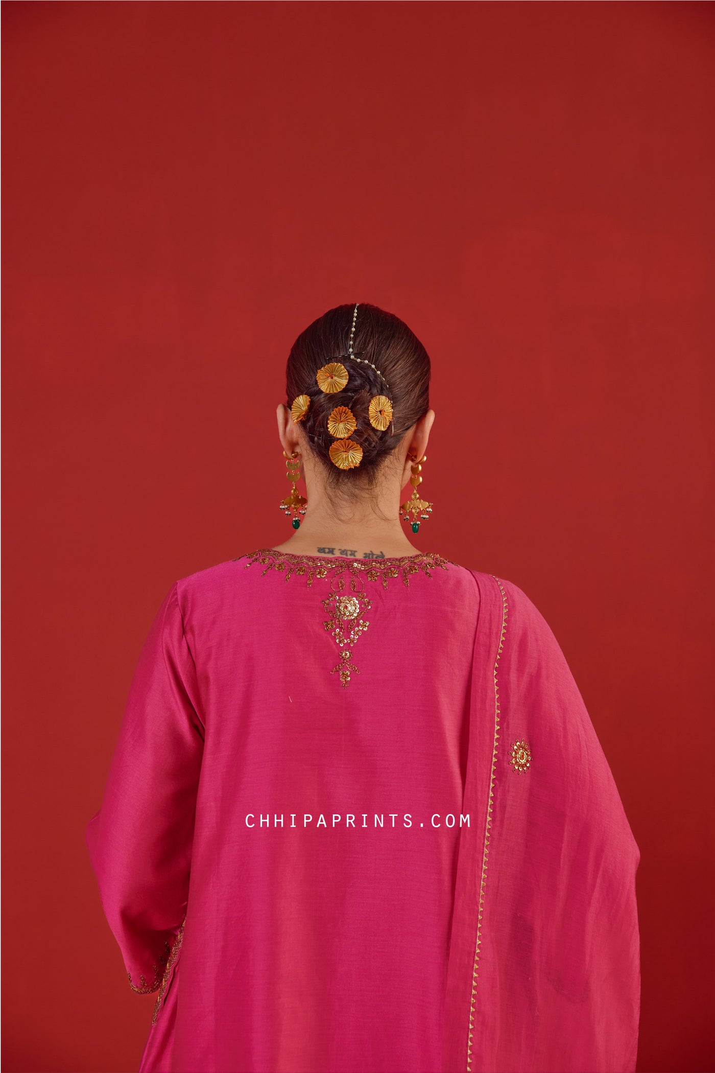Chanderi Silk Marodi Embroidery Kurta Set in Hot Pink