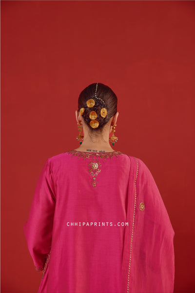 Chanderi Silk Marodi Embroidery Kurta Set in Hot Pink