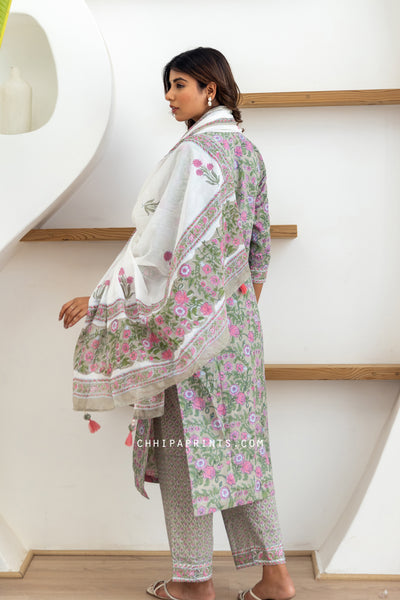 Cotton Block Print Mughal Jaal Suit Set in Shades of Oyster Mushroom and Pink