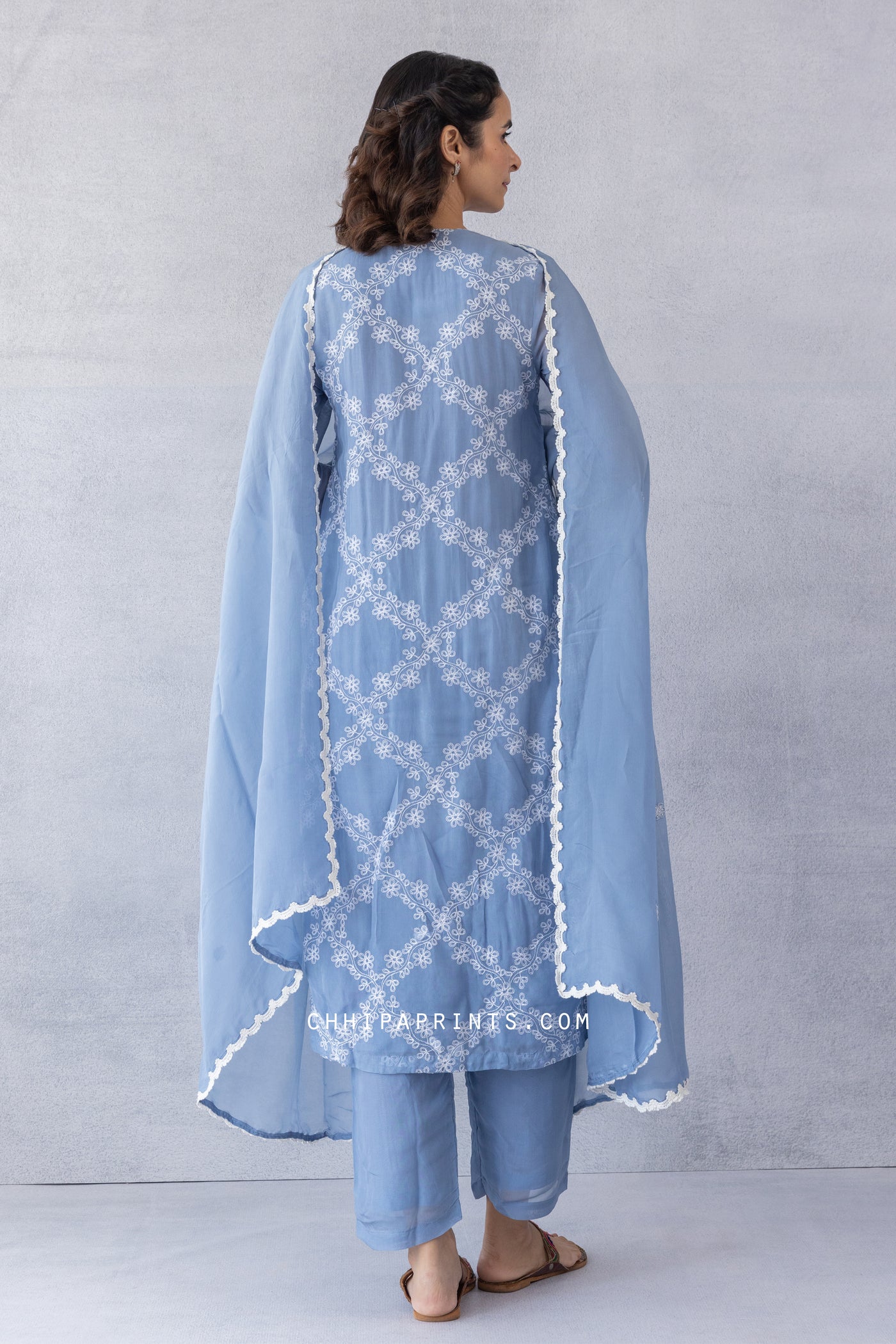 Organza Jaal Embroidery Kurta Set in Blue Haze