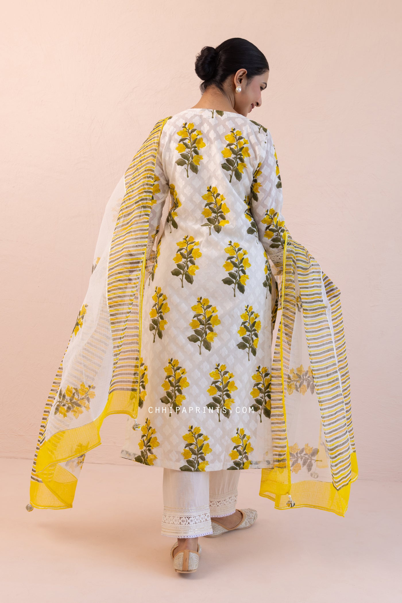 Chanderi Silk Dobby Block Print Chintz Kurta Set in Solar Yellow
