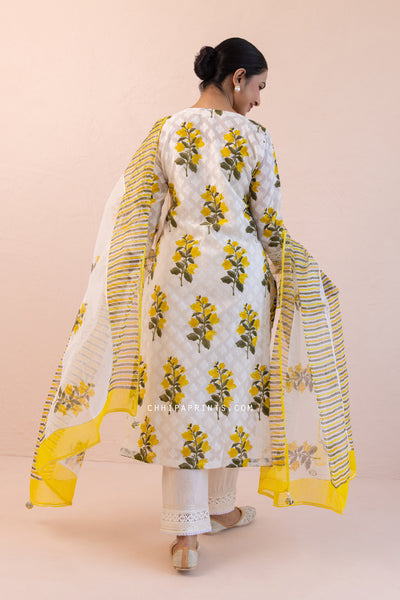 Chanderi Silk Dobby Block Print Chintz Kurta Set in Solar Yellow