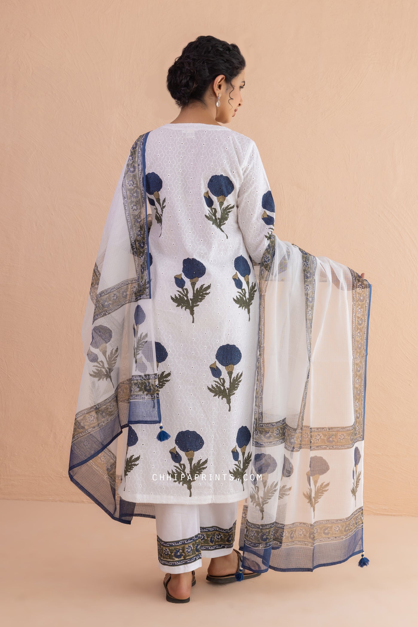 Cotton Schiffli Embroidery Mughal Buta Block Print Kurta Set in Navy Blue