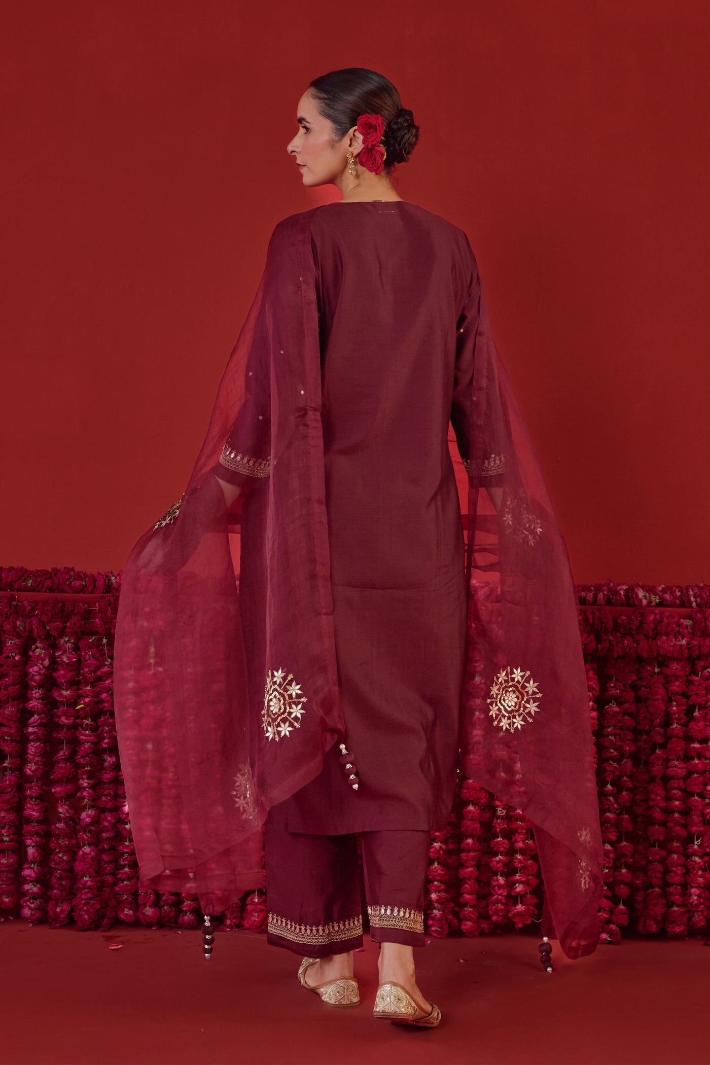 Chanderi Silk Aari Embroidery & Gota Patti Kurta Set in Burgundy