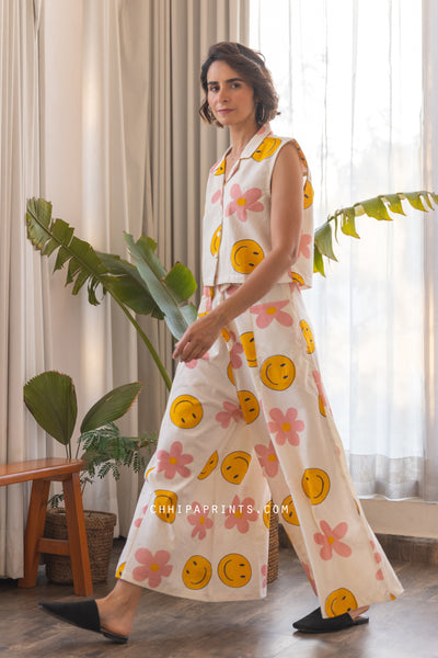 Cotton Smiley Print Co Ord Set in Shades of Yellow & Pink