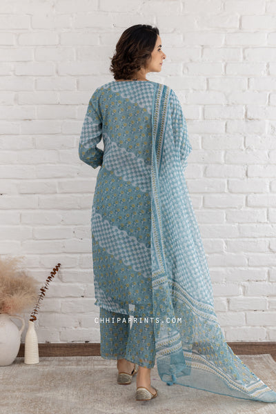 Kota Doria Block Print Bias Panel Suit Set in Teal Blue