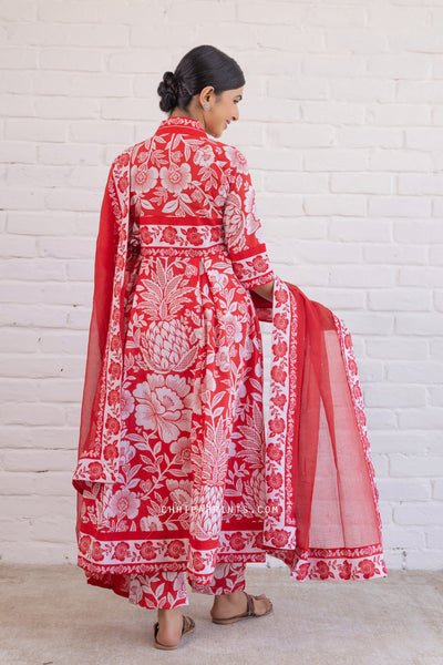 Cotton Mughal Jaal Print Flare Kurta Set in Racing Red
