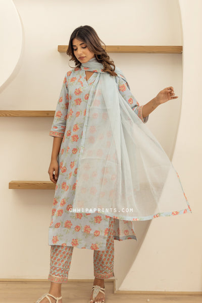 Cotton Printed V Neck Kurta Set in Shades of Powder Blue and Pink