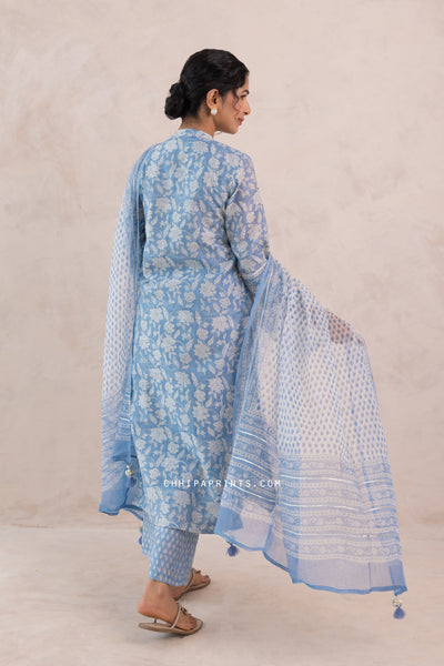 Chanderi Silk Block Print Jaal Kurta Set in Powder Blue