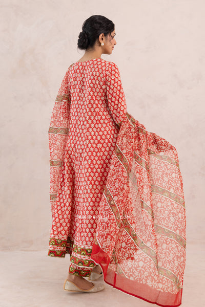 Cotton Block Print Gud Buti Anarkali Kurta Set in Racing Red
