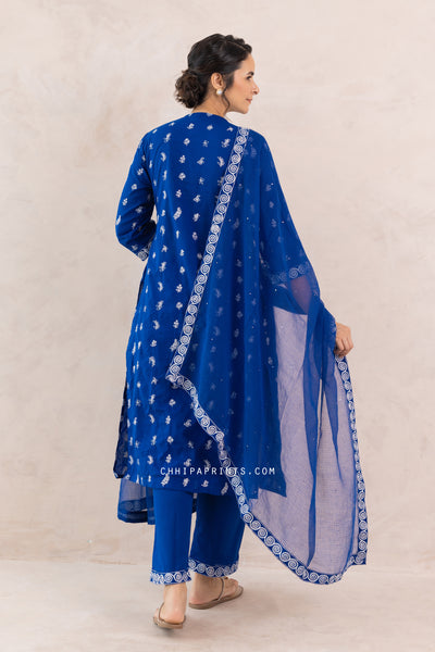 Cotton Multi Buti Embroidered Kurta Set in Royal Blue