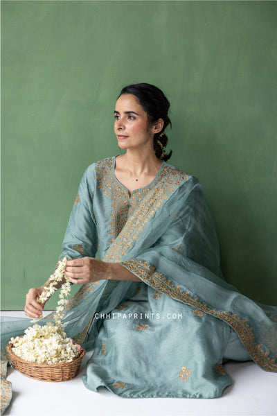 Raw SIlk Zari Embroidered Kurta Set in Harbour Grey