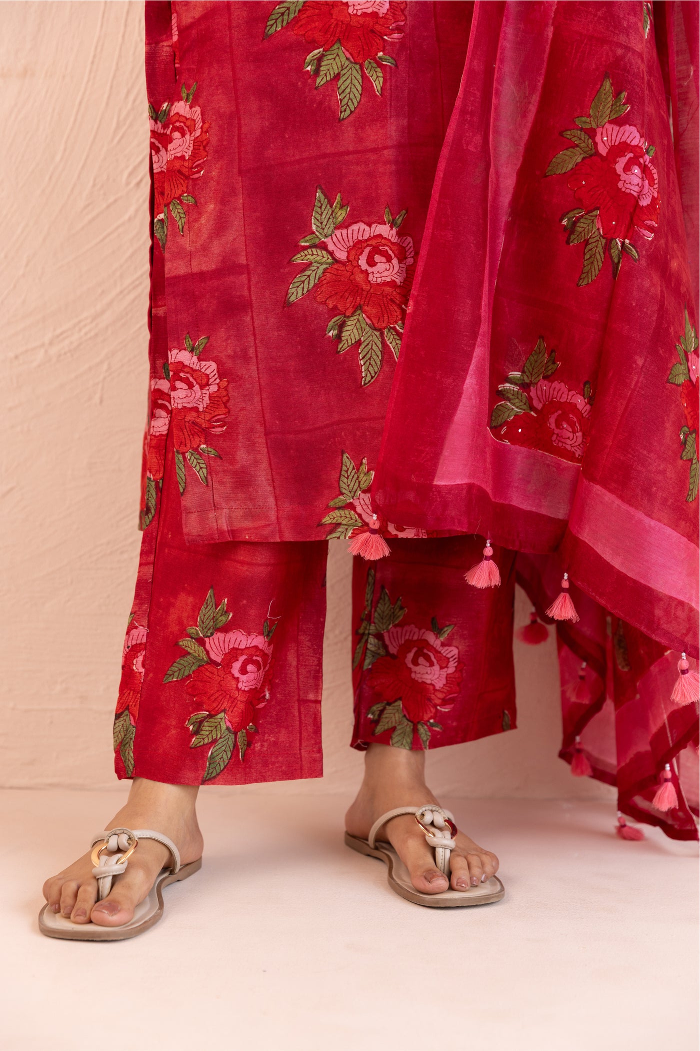 Chanderi Silk Block Print Gud Buta Kurta Set in Dark Red