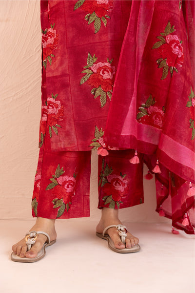 Chanderi Silk Block Print Gud Buta Kurta Set in Dark Red