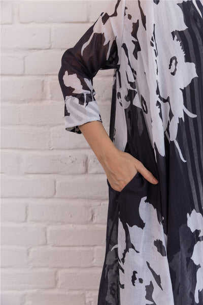 Cotton Hand Printed Free Size Shrug & Inner Dress Set in Black