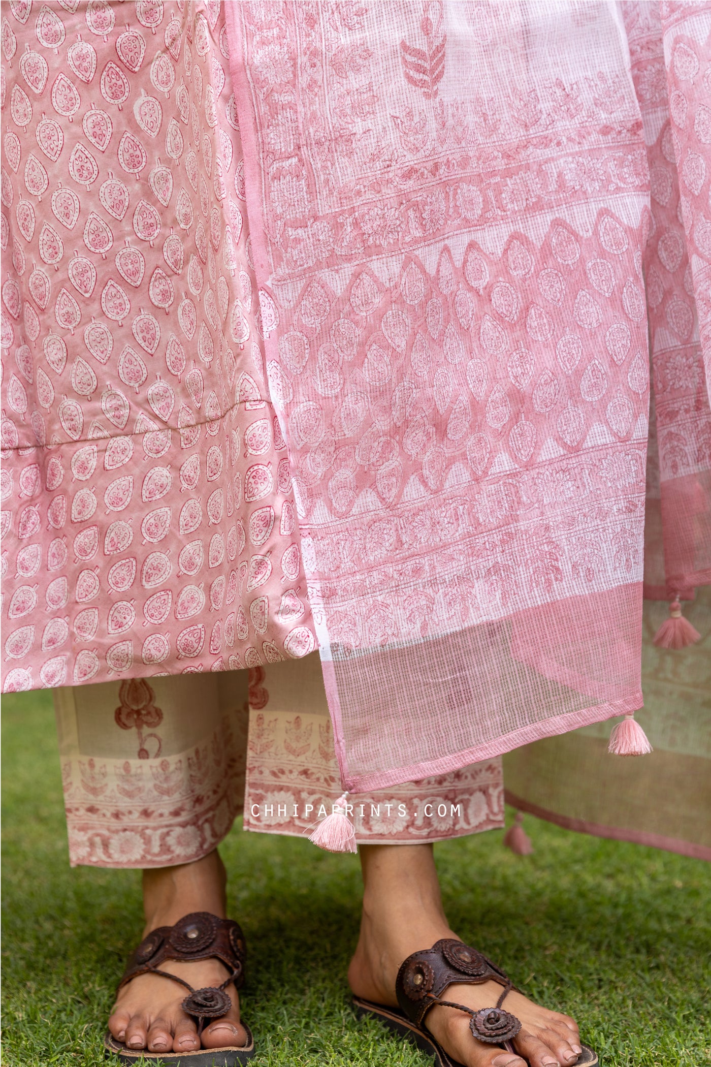 Cotton Block Print Gud Buti Kurta Set in Candy Pink