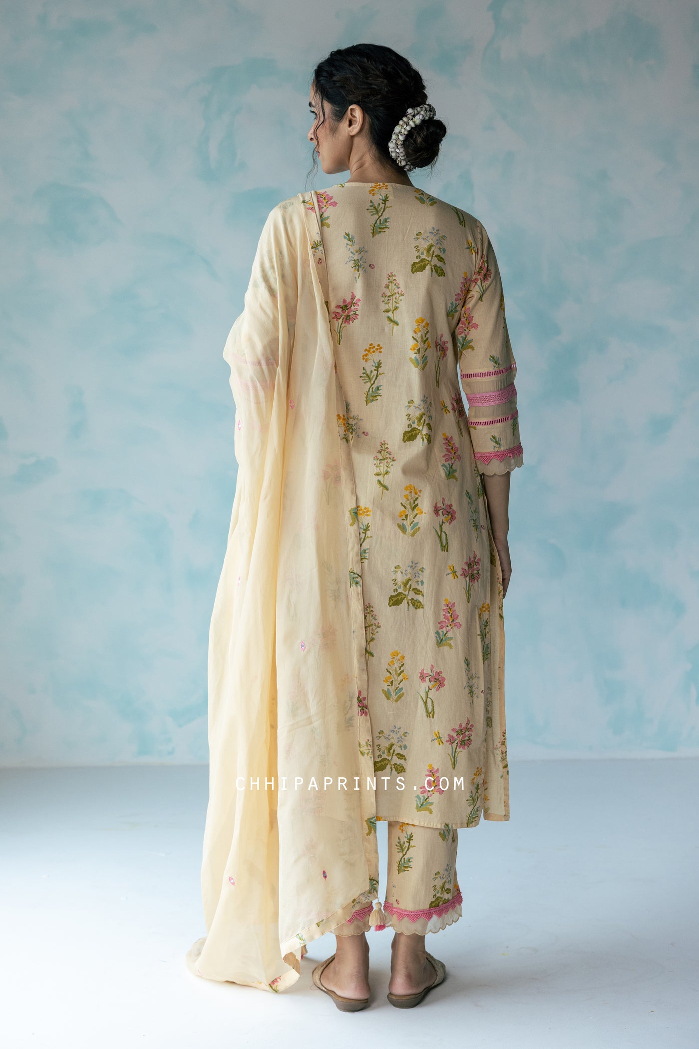 Cotton Hand Printed Floral Angrakha Kurta Set in Shades of Pink & Green