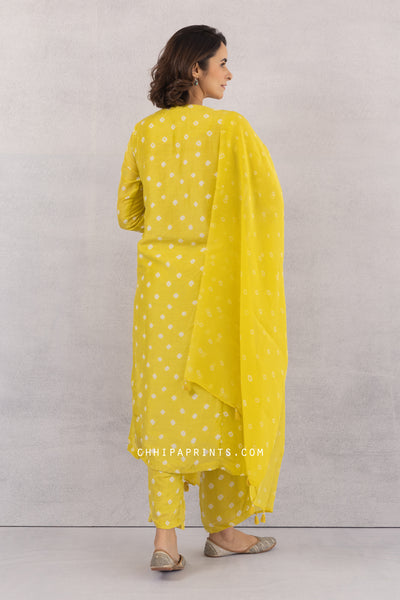 COTTON SILK BANDHANI KURTA SET IN SULPHUR YELLOW