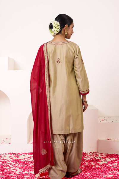 Chanderi Silk Hand Embroidery Kurta Set in Safari