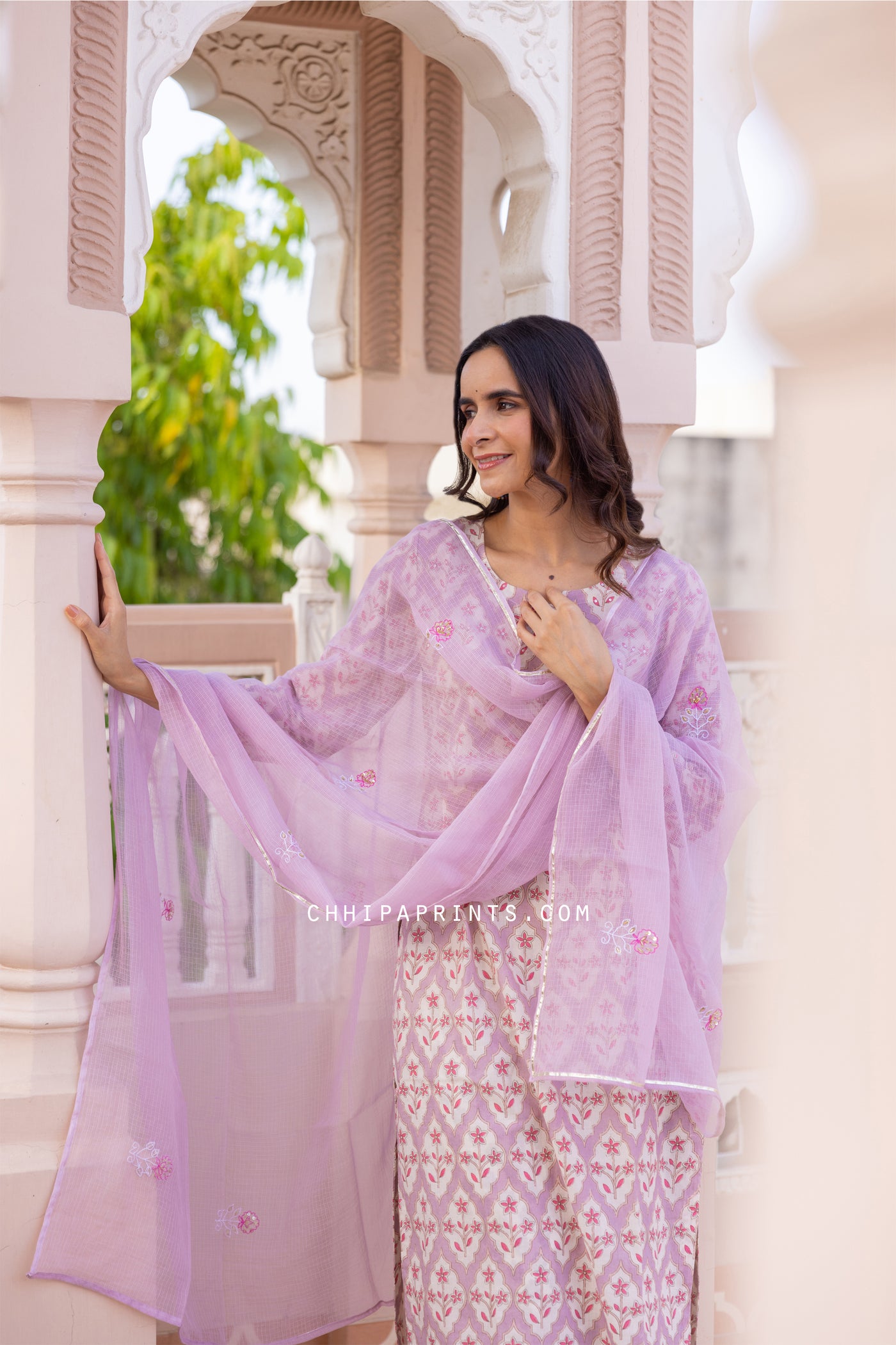 Cotton Chokdi Buta Suit Set from Aarna Collection in Dusty Lavender