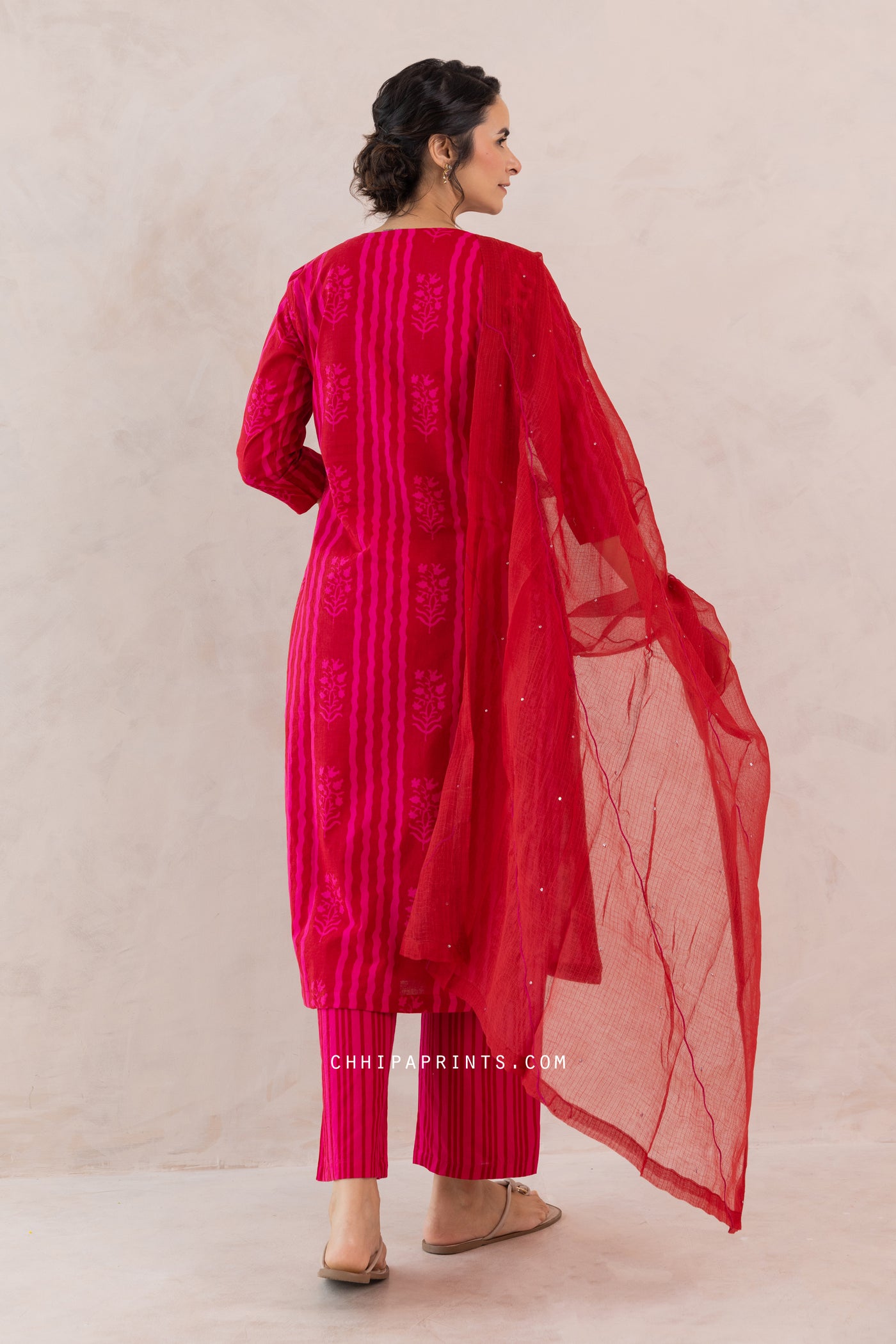Cotton Buta Stripe Panel Print Kuta Set in Shades of Pink & Red