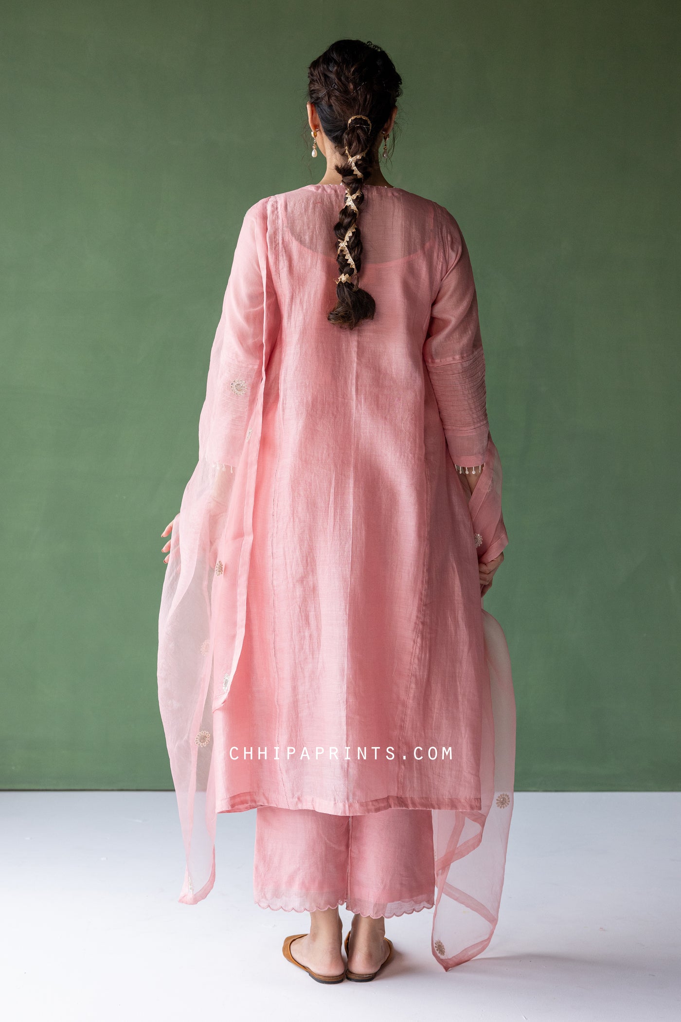 Chanderi SIlk Hand Embroidered Kurta Set in Baby Pink