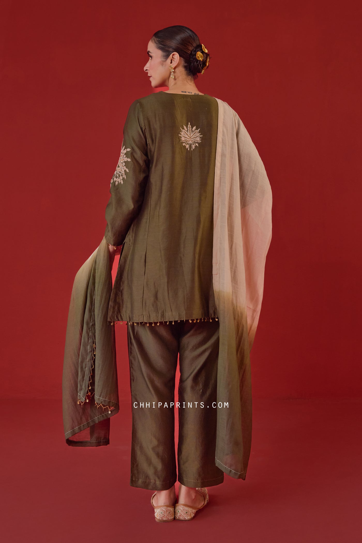Chanderi Silk Hand Aari Embroidery Kurta Set in Burgundy