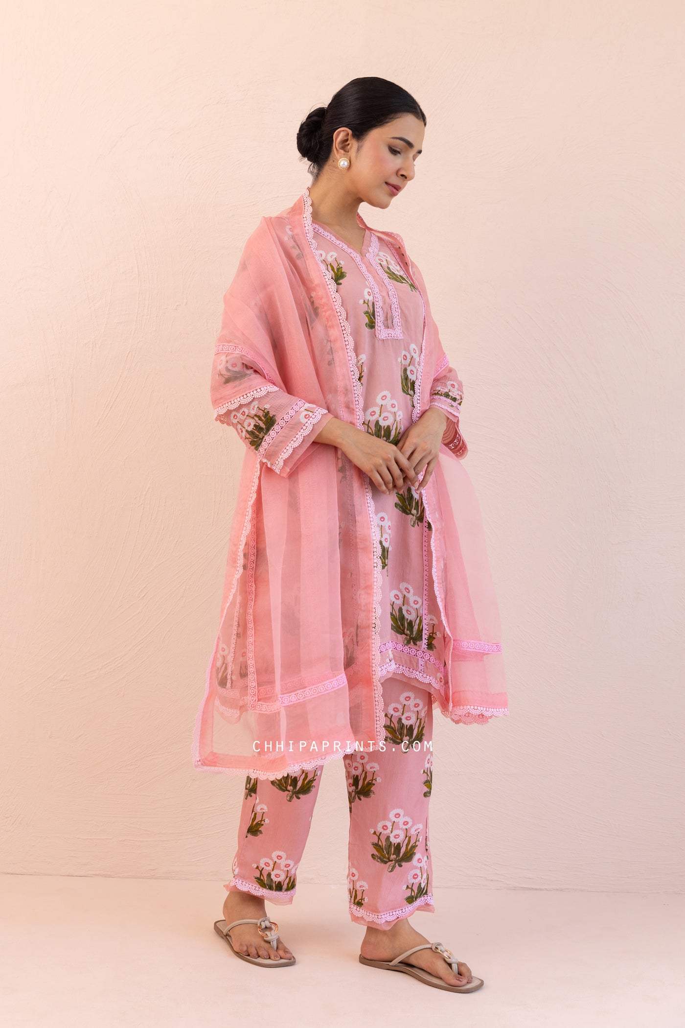 Organza Satin Printed Buta A line Kurta Set in Cameo Pink