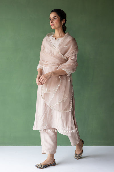 Raw Silk Hand Aari & Pittan Embroidery Work Kurta Set in Pink Tint