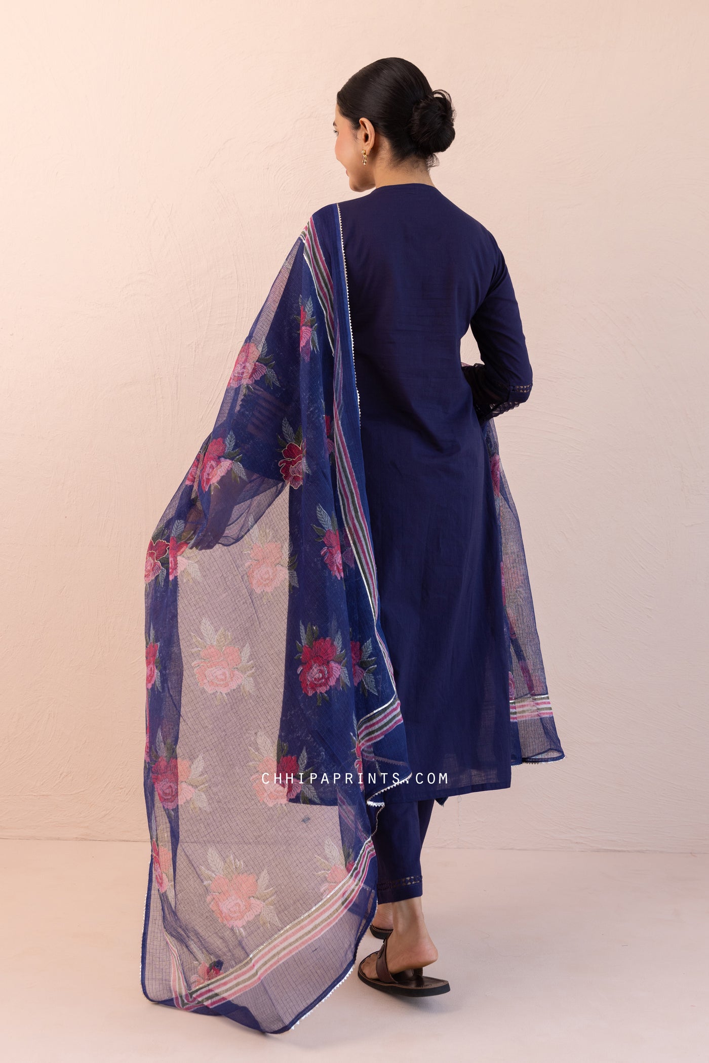 Cotton Slub Plain Dye Angrakha Kurta Set in Midnight Blue