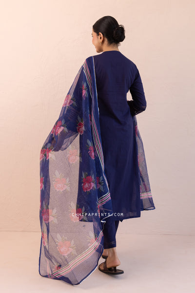 Cotton Slub Plain Dye Angrakha Kurta Set in Midnight Blue