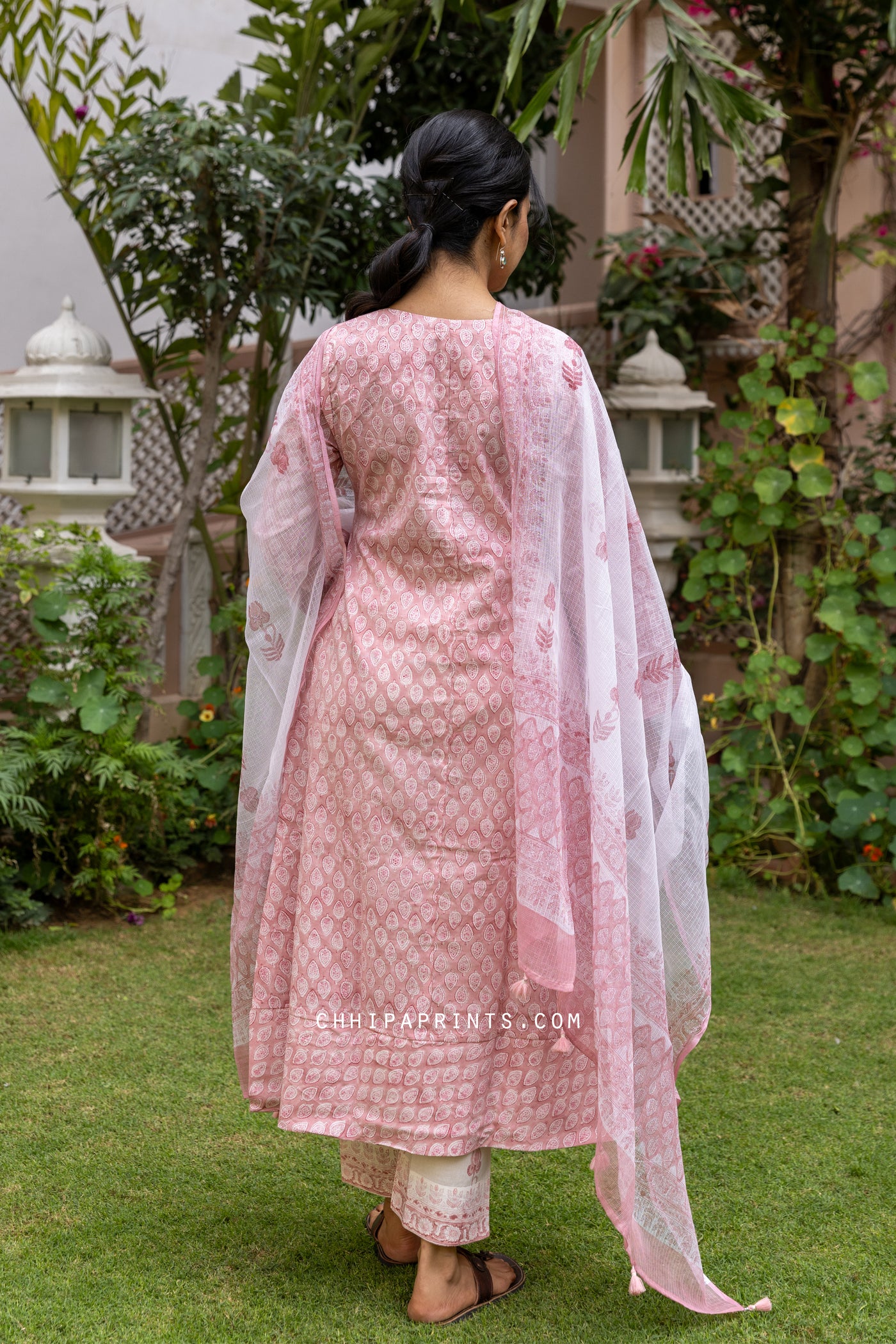 Cotton Block Print Gud Buti Kurta Set in Candy Pink