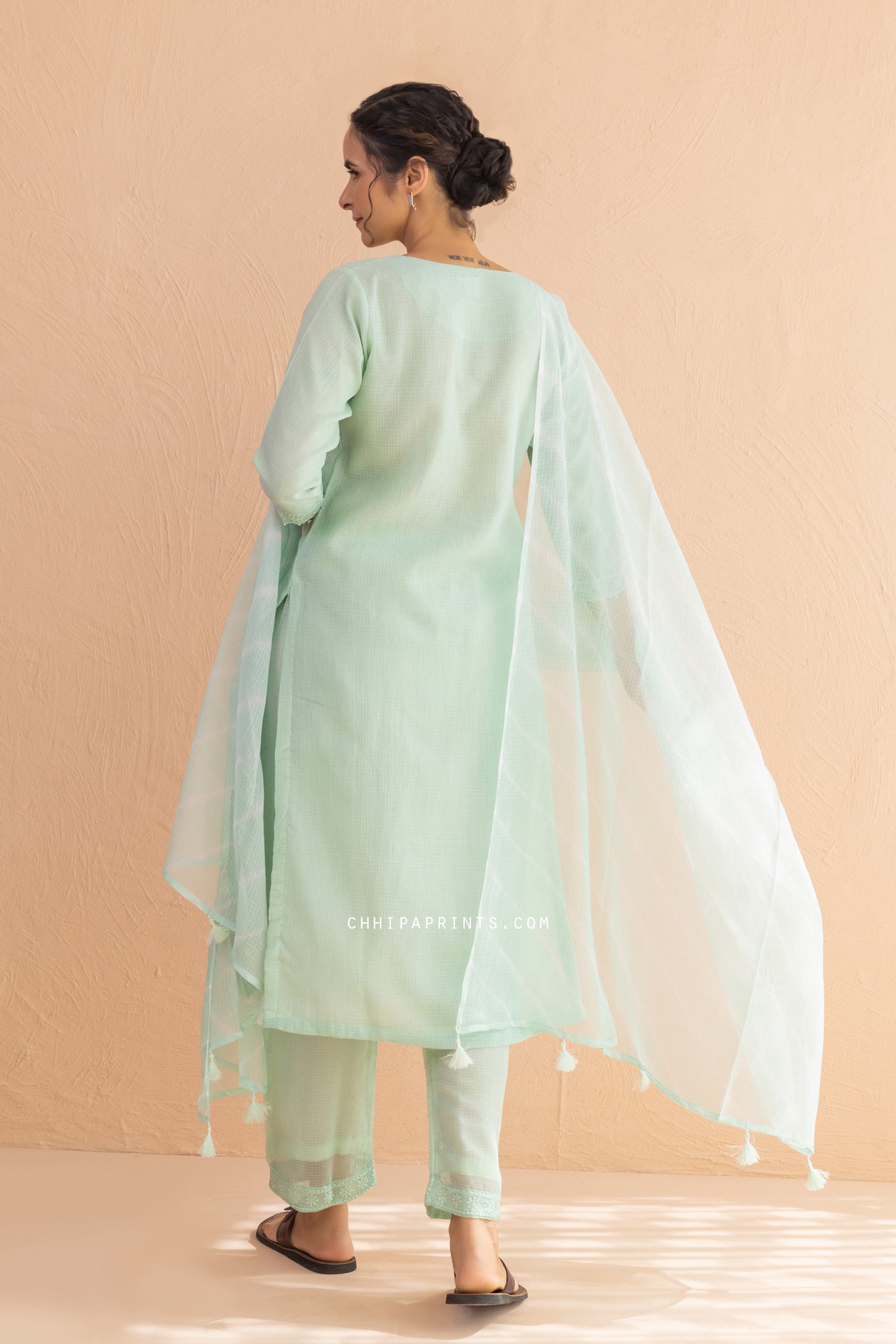 Kota Doria Embroidery Buti Suit Set in Mint Green