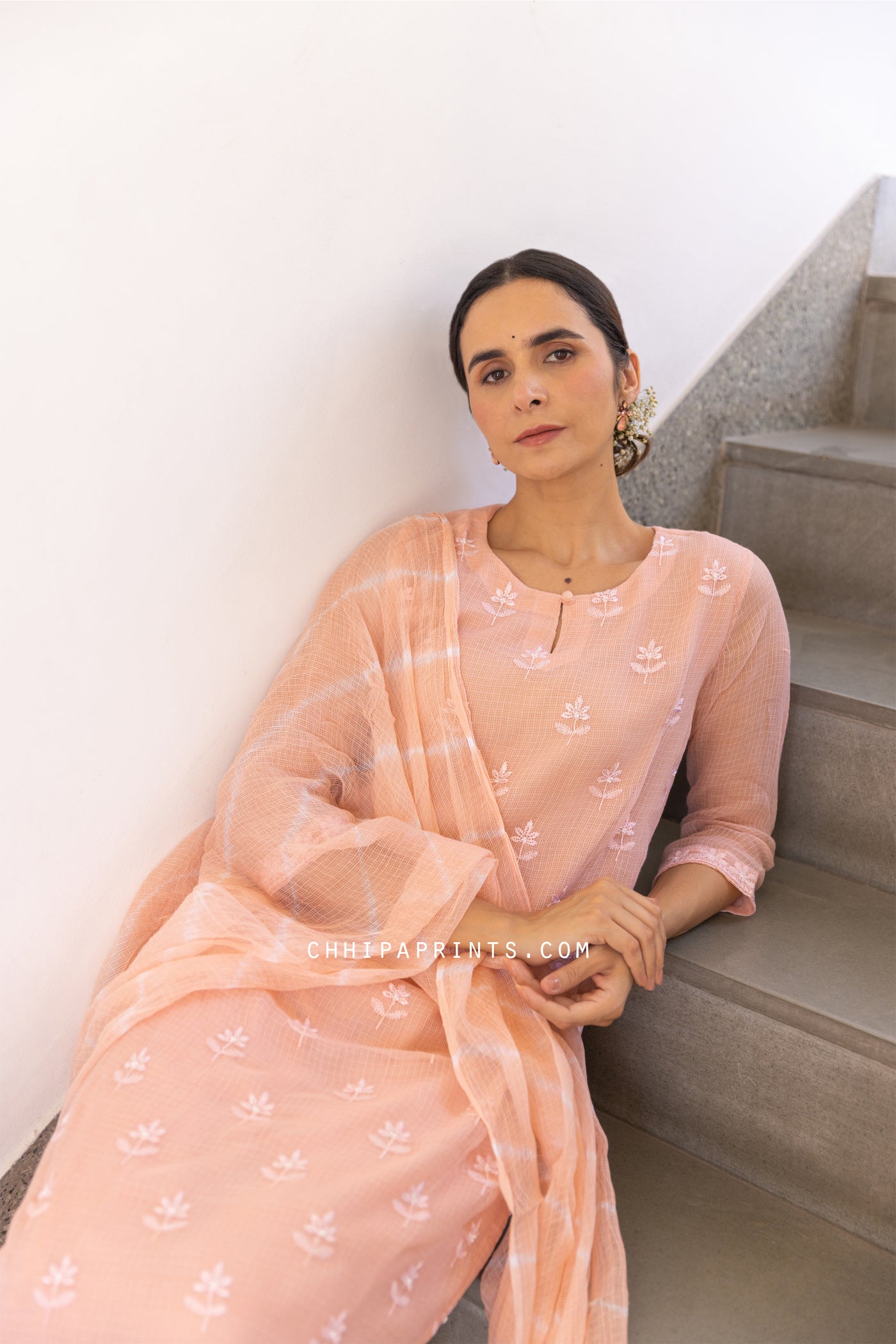 Kota Doria Embroidery Buti Suit Set in Peach Dust
