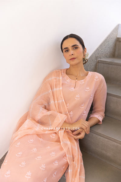 Kota Doria Embroidery Buti Suit Set in Peach Dust