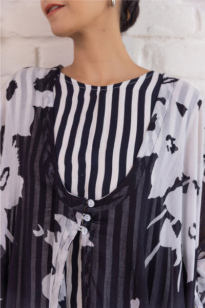 Cotton Hand Printed Free Size Shrug & Inner Dress Set in Black
