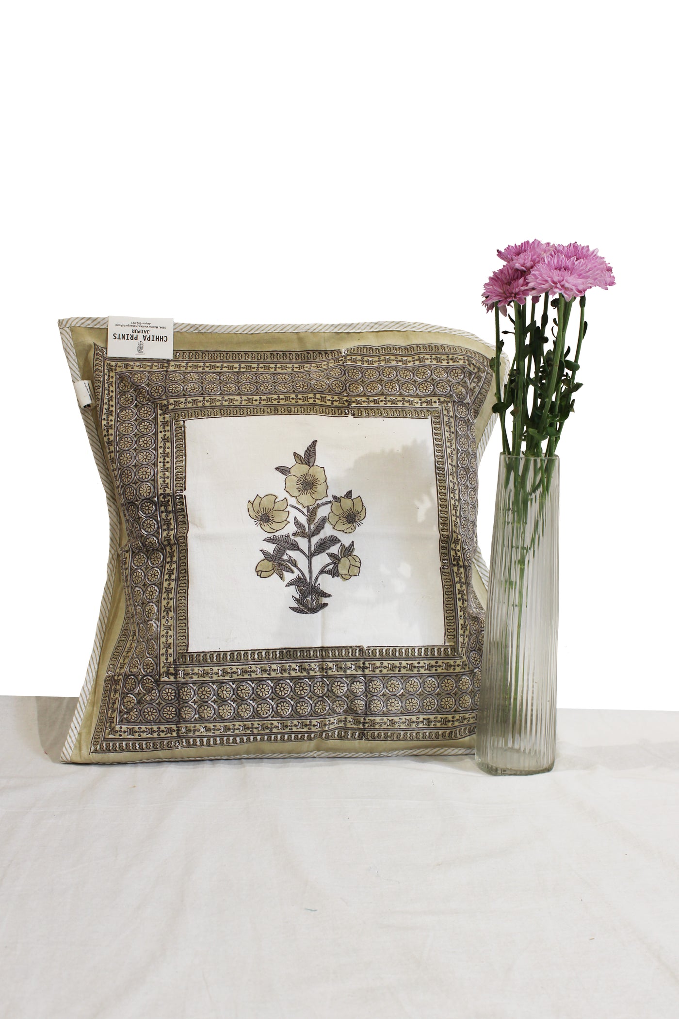 Cotton Flower Buta Hand Block Print Cushion Cover in Light Brown