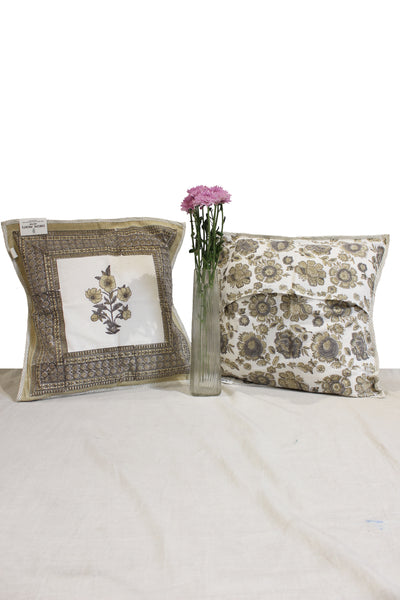 Cotton Flower Buta Hand Block Print Cushion Cover in Light Brown