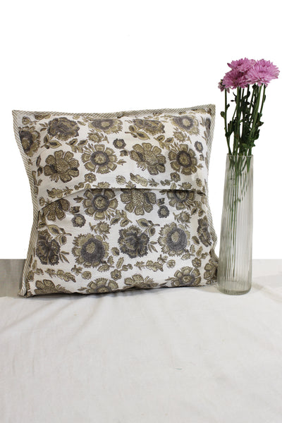 Cotton Flower Buta Hand Block Print Cushion Cover in Light Brown