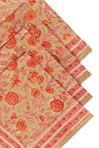 Cotton Flower Jaal Block Print Table Napkin in Shade of Orange and Beige