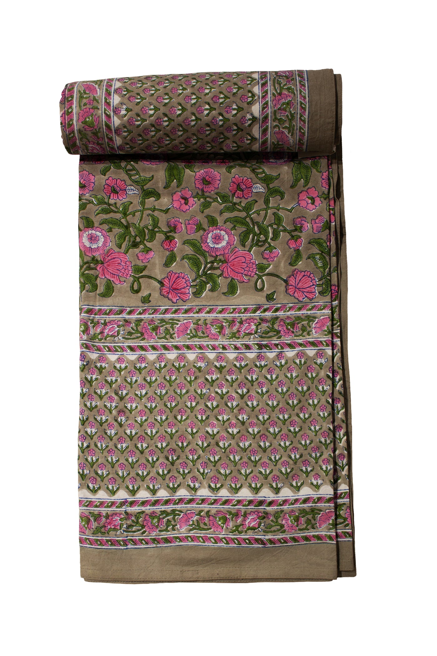 Cotton Block Print Bedsheet in Beige and Pink