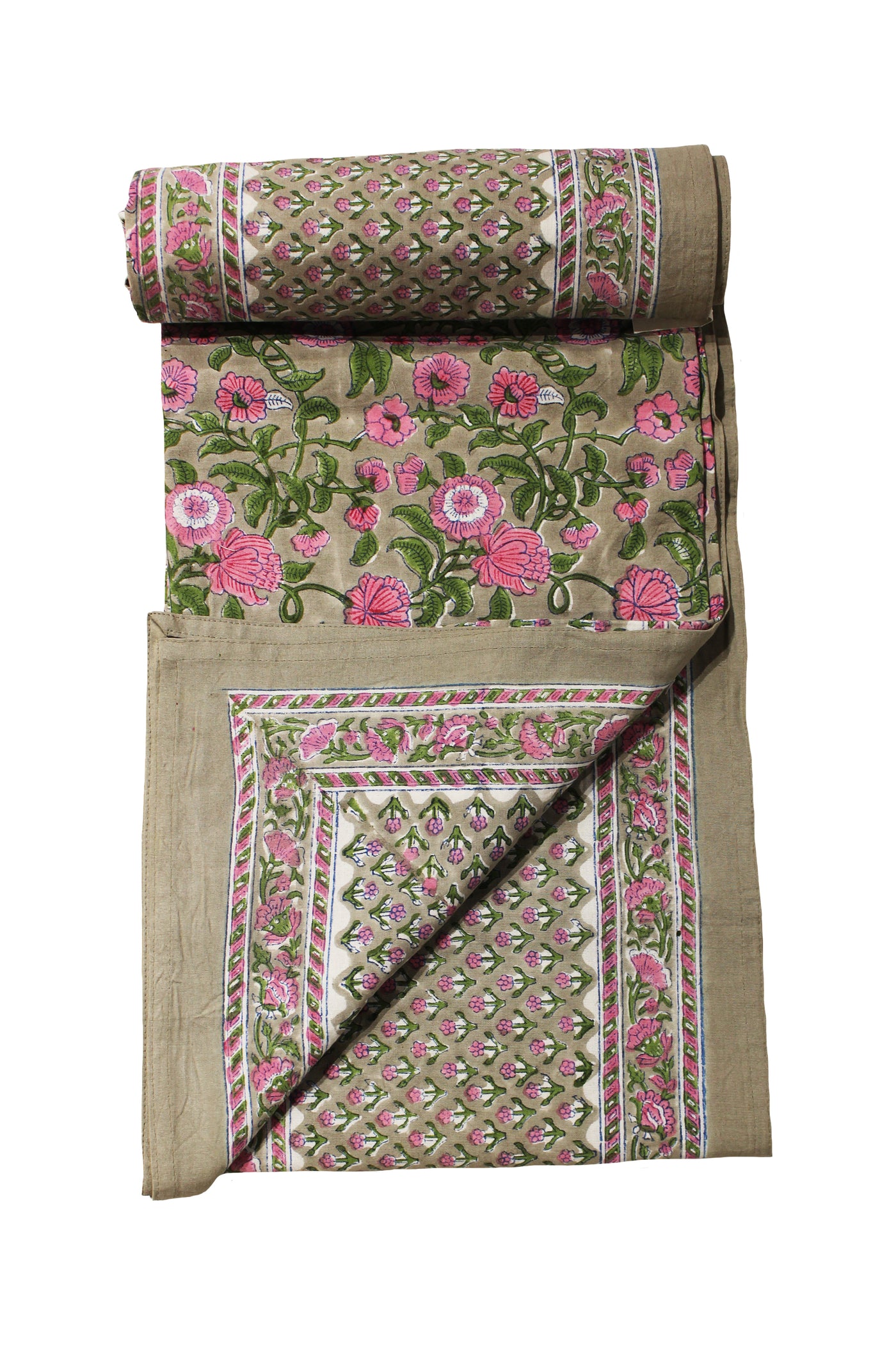 Cotton Block Print Bedsheet in Beige and Pink