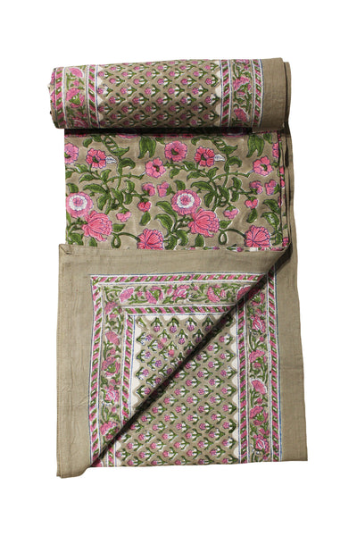 Cotton Block Print Bedsheet in Beige and Pink