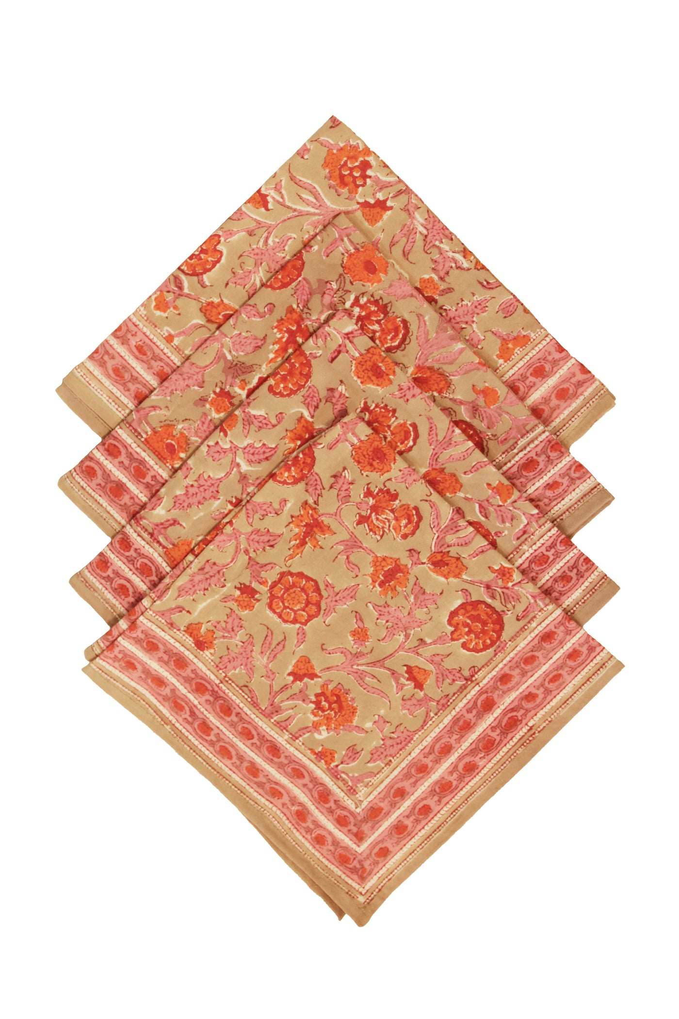 Cotton Flower Jaal Block Print Table Napkin in Shade of Orange and Beige