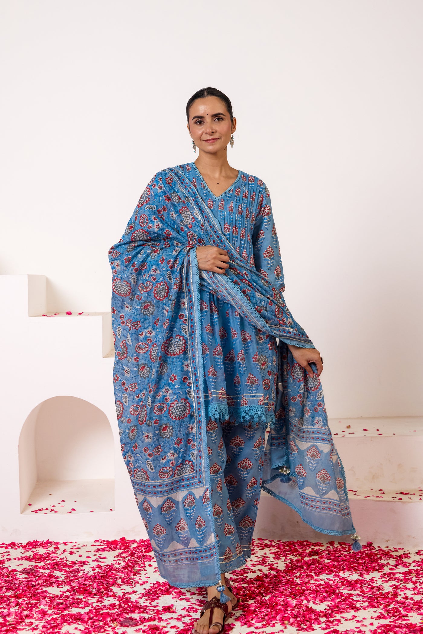 Chanderi Silk Block Print Mughal Buti Kurta Set in Classic Blue