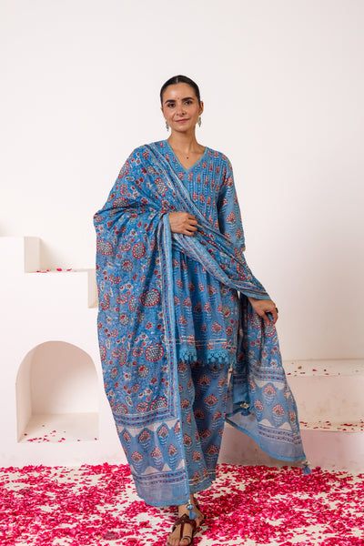 Chanderi Silk Block Print Mughal Buti Kurta Set in Classic Blue