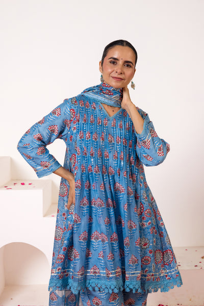 Chanderi Silk Block Print Mughal Buti Kurta Set in Classic Blue
