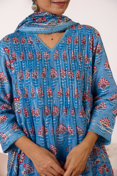 Chanderi Silk Block Print Mughal Buti Kurta Set in Classic Blue