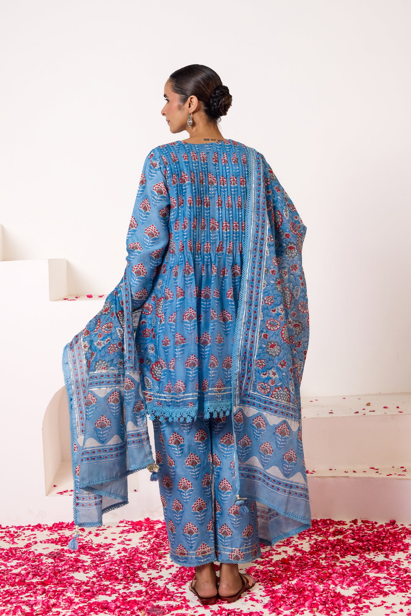 Chanderi Silk Block Print Mughal Buti Kurta Set in Classic Blue