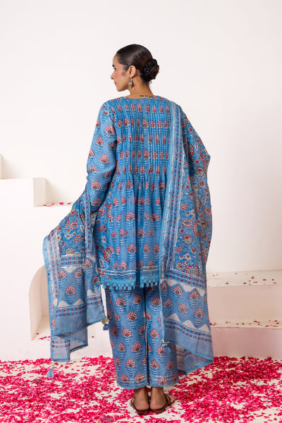 Chanderi Silk Block Print Mughal Buti Kurta Set in Classic Blue
